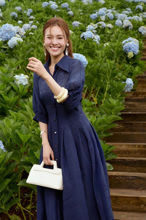 Sixdo Dark Navy Organza Flared Dress